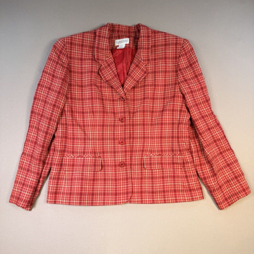 VTG Lands End Wool Blend 4 Button Red Plaid Blazer Size 14 Classic Made in USA